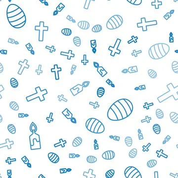 Set line Burning candle, Easter egg and Christian cross on seamless pattern Stock Illustration