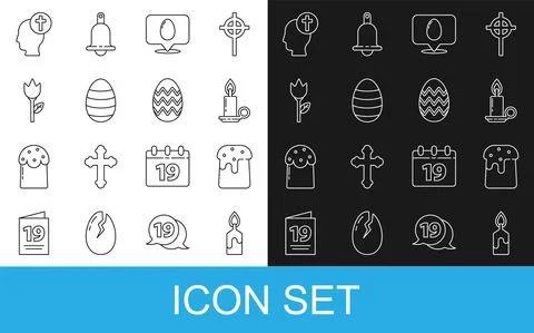 Set line Burning candle, Easter cake, candlestick, Speech bubble with easter egg Stock Illustration