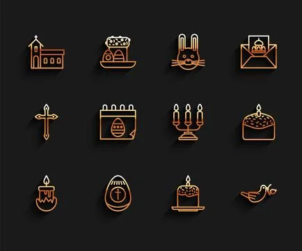 Set line Burning candle, Easter egg, Church building, cake, Peace dove with.. Ilustración de archivo