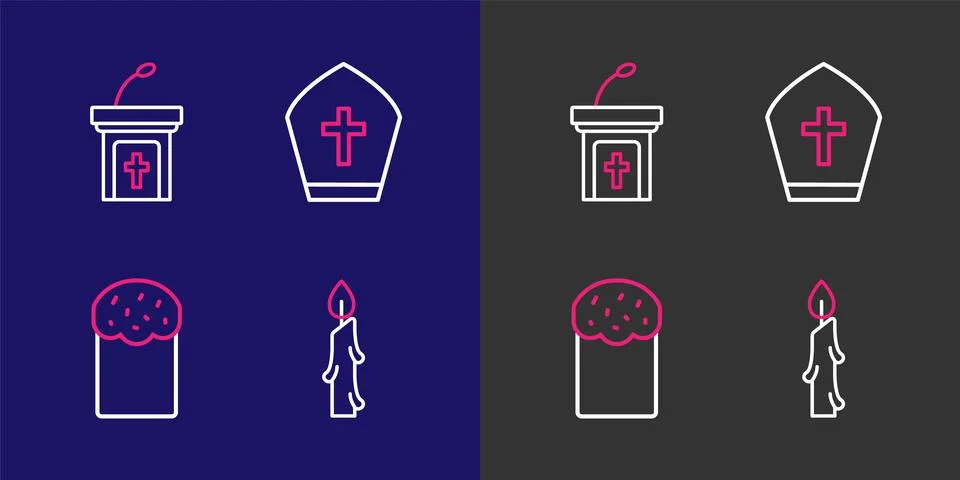 Set line Burning candle, Easter cake, Pope hat and Church sermon tribune ic.. Stock Illustration