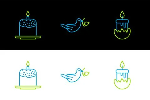 Set line Burning candle, Easter cake and Peace dove with olive branch icon... Stock Illustration