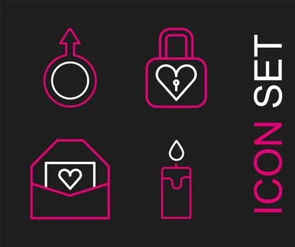Set line Burning candle, Envelope with Valentine heart, Lock and Male gende.. Stock Illustration