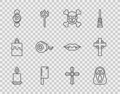 Set line Burning candle, Funny scary ghost mask, Skull on crossbones, Meat .. Stock Illustration