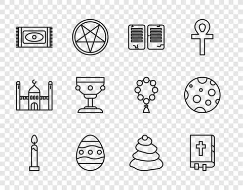 Set line Burning candle, Holy bible book, The commandments, Easter egg Stock Illustration