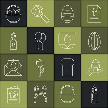 Set line Burning candle, Human hand easter egg, Easter, Balloons with ribbon Stock Illustration
