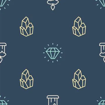 Set line Burning candle, Magic stone and Diamond on seamless pattern. Vector 스톡 일러스트