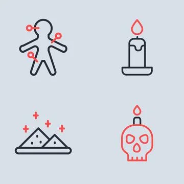 Set line Burning candle, Magic powder, on skull and Voodoo doll icon. Vector 스톡 일러스트