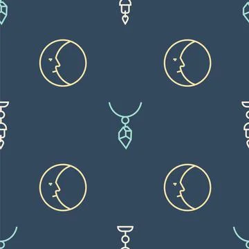 Set line Burning candle, Moon and Necklace with crystal on seamless pattern 스톡 일러스트