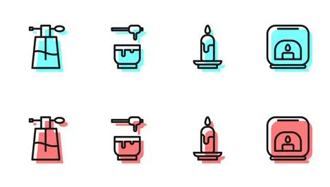 Set line Burning candle, Perfume, Honey dipper stick bowl and Aroma lamp icon Illustration