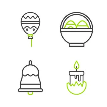 Set line Burning candle, Ringing bell, Basket with easter eggs and Balloons Illustrazione stock