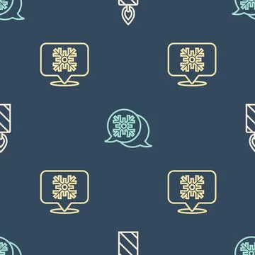 Set line Burning candle, Snowflake speech bubble and on seamless pattern. Vector Stock Illustration