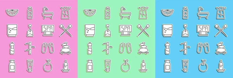 Set line Burning candle, Stack hot stones, Knitting needles, Bathtub, Tea bag Illustrazione stock