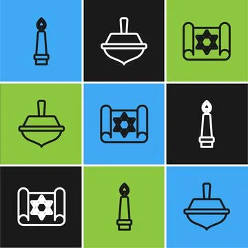 Set line Burning candle, Torah scroll and Hanukkah dreidel icon. Vector 스톡 일러스트