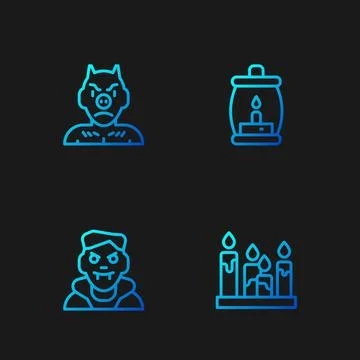 Set line Burning candle, Vampire, Krampus, heck and Camping lantern. Gradient Stock-Illustration