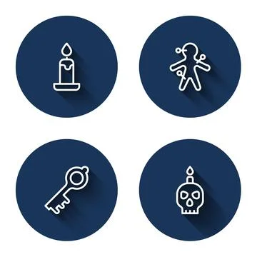 Set line Burning candle, Voodoo doll, Old magic key and on skull with long 스톡 일러스트
