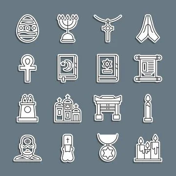 Set line Burning candles, Decree, paper, parchment, scroll, Christian cross.. Illustrazione stock