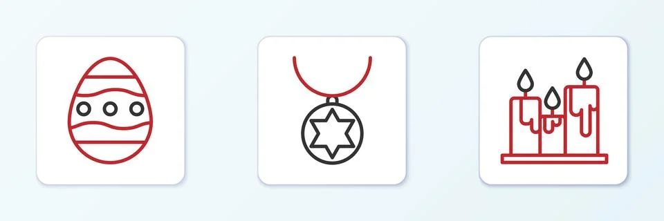 Set line Burning candles, Easter egg and Star of David necklace on chain icon Stock Illustration