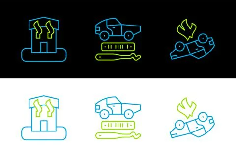 Set line Burning car, Arson home and Car theft icon. Vector Ilustración de archivo