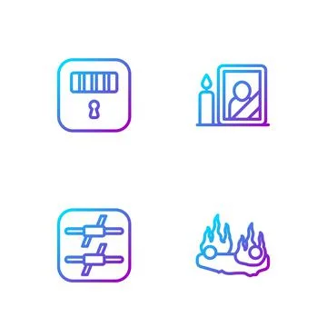 Set line Burning car, Barbed wire, Prison cell door and Mourning photo frame Stock-Illustration
