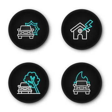 Set line Burning car, Car damaged by fallen tree, House and lightning and a.. Stock Illustration