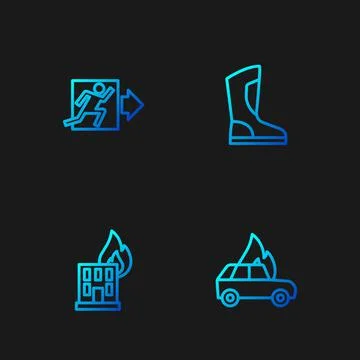 Set line Burning car, Fire burning building, exit and boots. Gradient color Ilustración de archivo