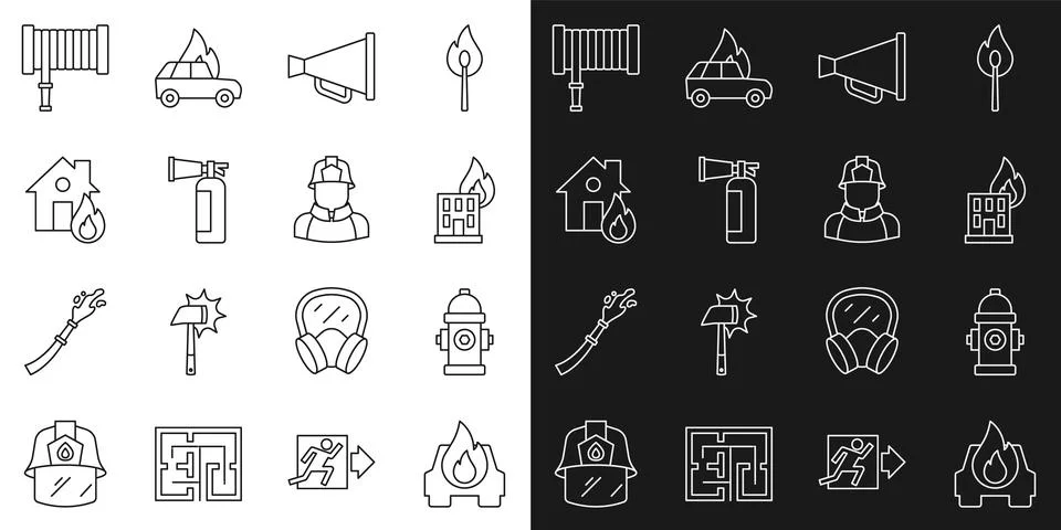 Set line Burning car, Fire hydrant, burning building, Megaphone, extinguisher Ilustración de archivo