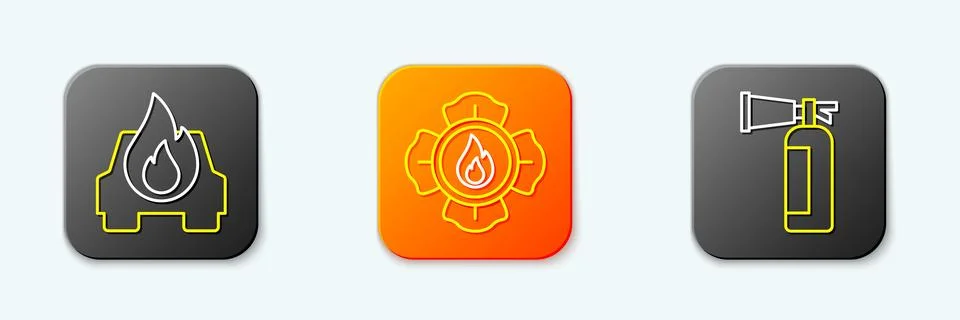 Set line Burning car, Firefighter and extinguisher icon. Vector Stock Illustration