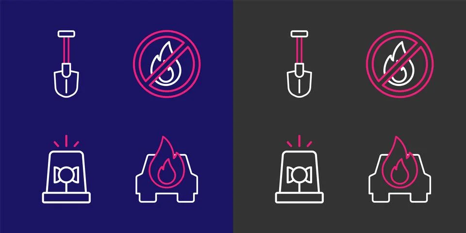 Set line Burning car, Flasher siren, No fire and Fire shovel icon. Vector Stock Illustration