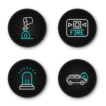 Set line Burning car, Ringing alarm bell, Fire system and Bucket extinguish.. Stock Illustration