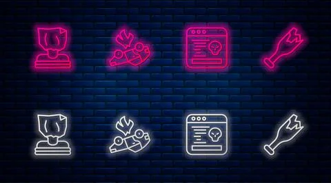 Set line Burning car, System bug, Kidnaping and Broken bottle as weapon. Glowing Illustrazione stock