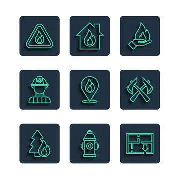Set line Burning forest tree, Fire hydrant, Evacuation plan, Hand holding fir Stock Illustration