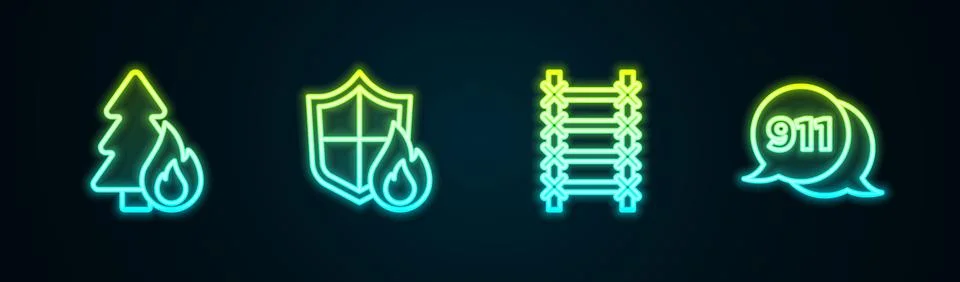 Set line Burning forest tree, Fire protection shield, escape and Telephone call Stock Illustration