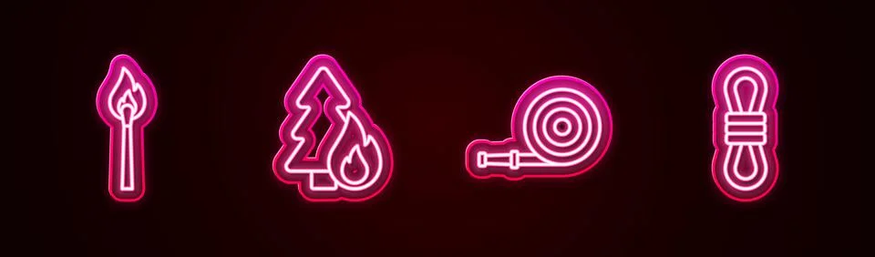Set line Burning match with fire, forest tree, Fire hose reel and Climber rope Illustrazione stock