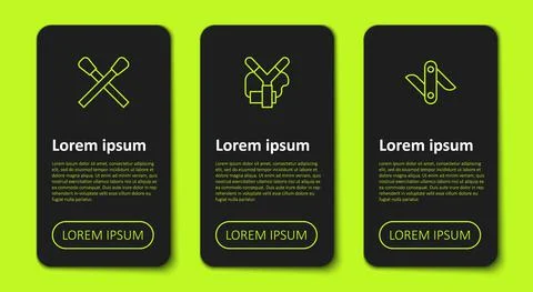 Set line Burning match with fire, Slingshot and Swiss army knife. Business Illustrazione stock