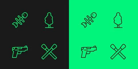Set line Burning match with fire, Pistol or gun, Dead fish and Tree icon. Vector Stock Illustration
