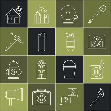 Set line Burning match with fire, Electric wiring of socket, Interior fireplace Stock Illustration