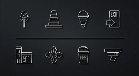 Set line Burning match with fire, Building of station, Fire exit, bucket Ilustración de archivo