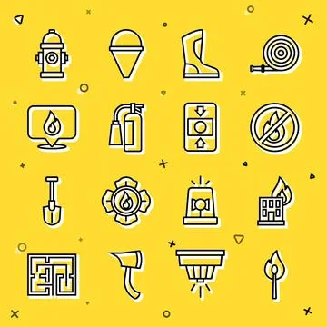 Set line Burning match with fire, Fire burning building, No, boots, extinguisher Ilustración de archivo