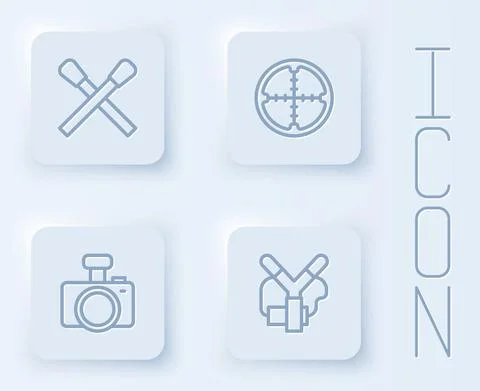 Set line Burning match with fire, Sniper optical sight, Photo camera and Illustrazione stock