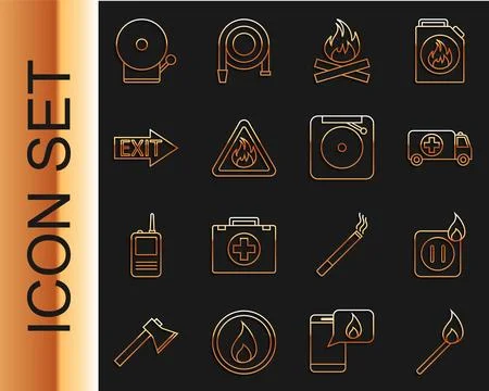 Set line Burning match with fire, Electric wiring of socket, Ambulance and Stock Illustration