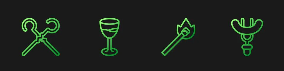 Set line Burning match with fire, BBQ skewers, Wine glass and Sausage on the  Stock Illustration