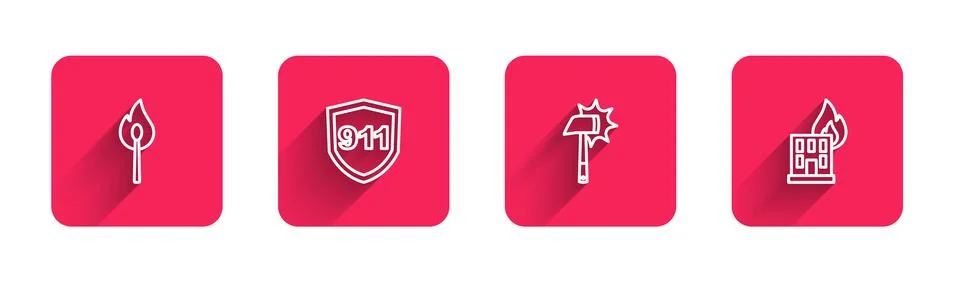 Set line Burning match with fire, Emergency call 911, Firefighter axe and b.. Illustration