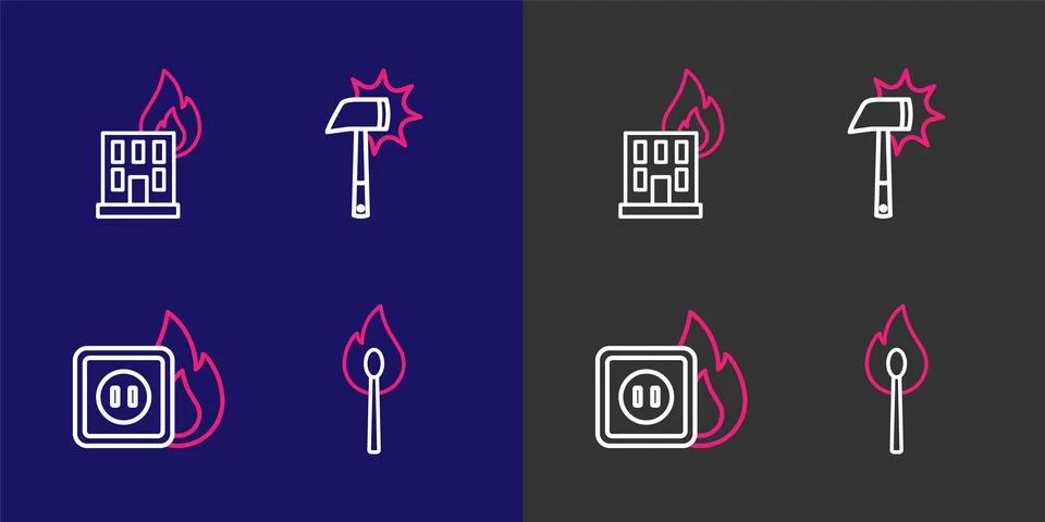 Set line Burning match with fire, Electric wiring of socket, Firefighter ax.. Stock Illustration