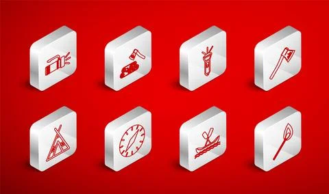 Set line Burning match with fire, Wooden axe and wood, Flashlight, Rafting .. Ilustração Stock
