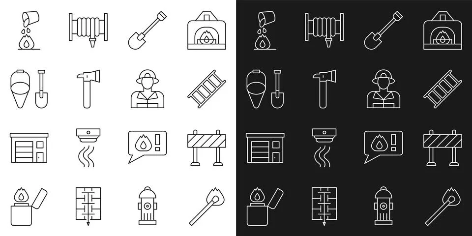 Set line Burning match with fire, Road barrier, Fire escape, shovel, Firefi.. Stock Illustration