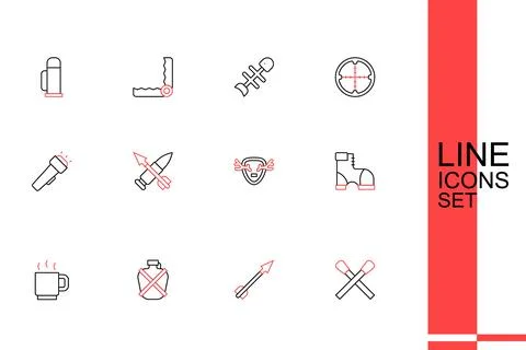 Set line Burning match with fire, Medieval arrow, Canteen water bottle, Cof.. Stock Illustration