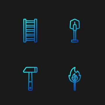 Set line Burning match with fire, Hammer, Fire escape and shovel. Gradient .. Stock Illustration