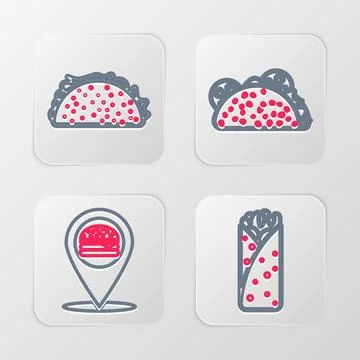 Set line Burrito, Location with burger, Taco tortilla and  icon. Vector Stock Illustration