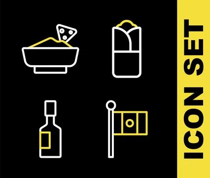 Set line Burrito, Mexico flag, Tabasco sauce and Nachos in bowl icon. Vector Illustrazione stock