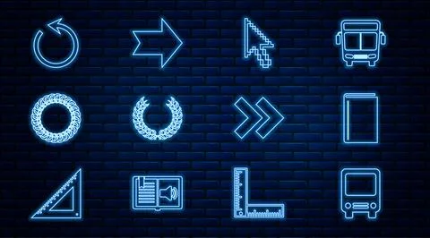 Set line Bus, Book, Pixel arrow cursor, Laurel wreath, Refresh, Arrow and icon Stock Illustration